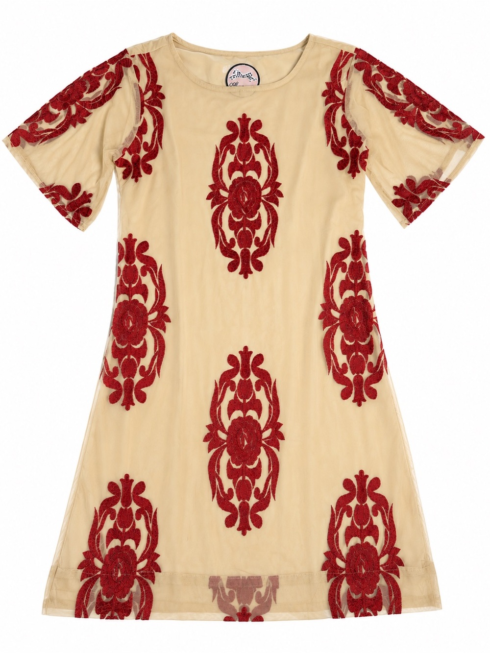 Mamatrichi Embroidered Mesh Dress Flutter Sleeve Beige Red Floral Party US8